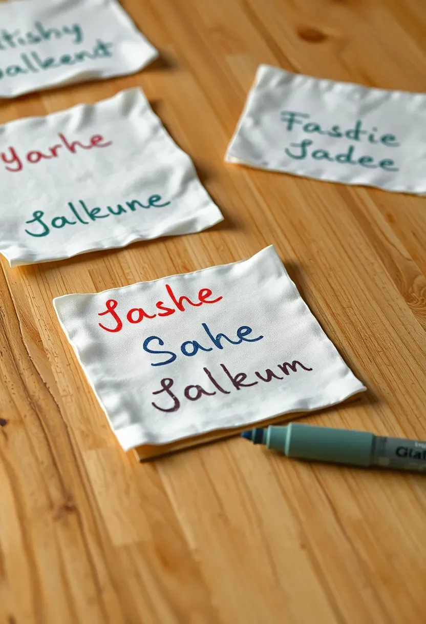 fabric baby shower guest book quilt panel with guests signatures written in fabric marker on individual white squares ready to be assembled into a keepsake quilt for the nursery