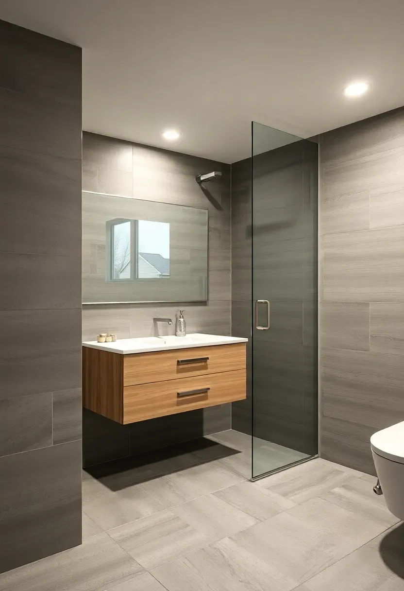 New basement bathroom with walk-in shower, floating vanity, large format wall tile, and recessed can lighting
