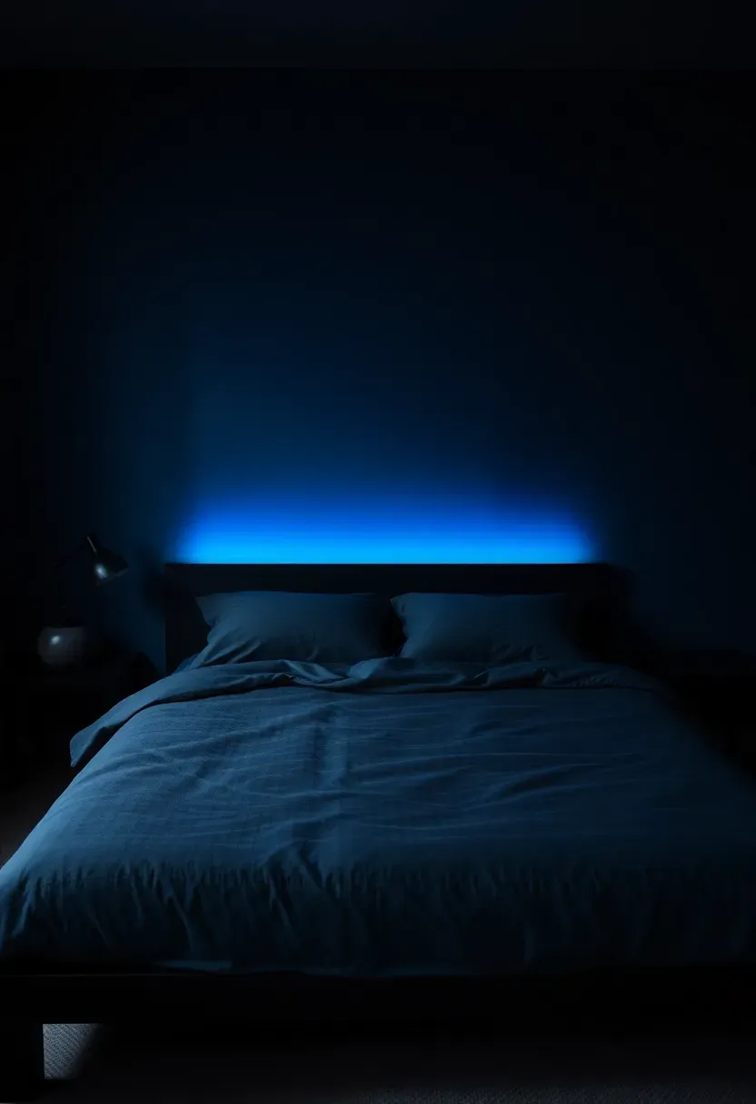Dark bedroom with a bioluminescent accent wall glowing softly in blue-green tones behind a low platform bed creating an ethereal nighttime ambiance