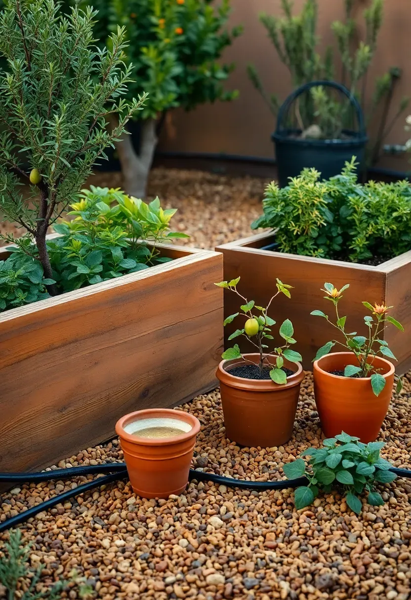 Arizona desert herb and edible garden with raised beds, terracotta pots of rosemary, oregano, chiles, and citrus trees in warm backyard light