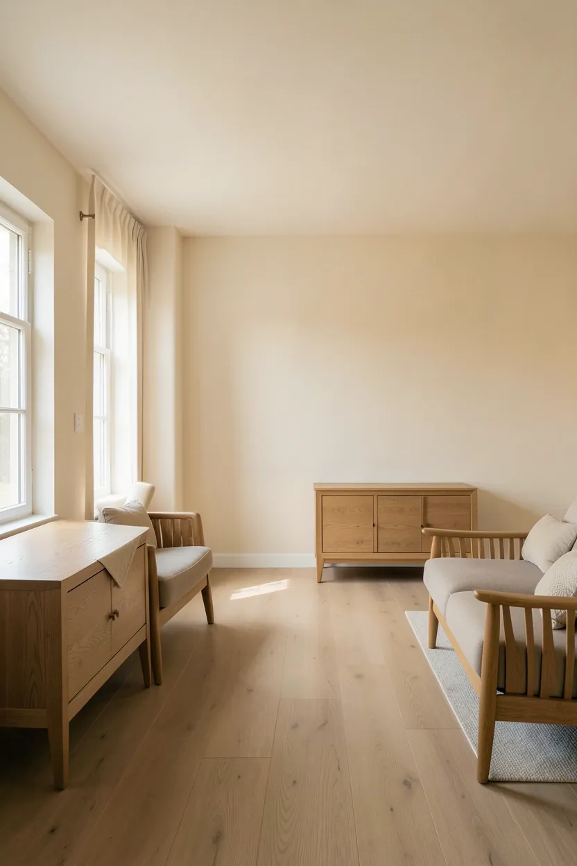 Monochromatic warm beige and cream apartment interior with layered natural textures — wood, linen, and stone