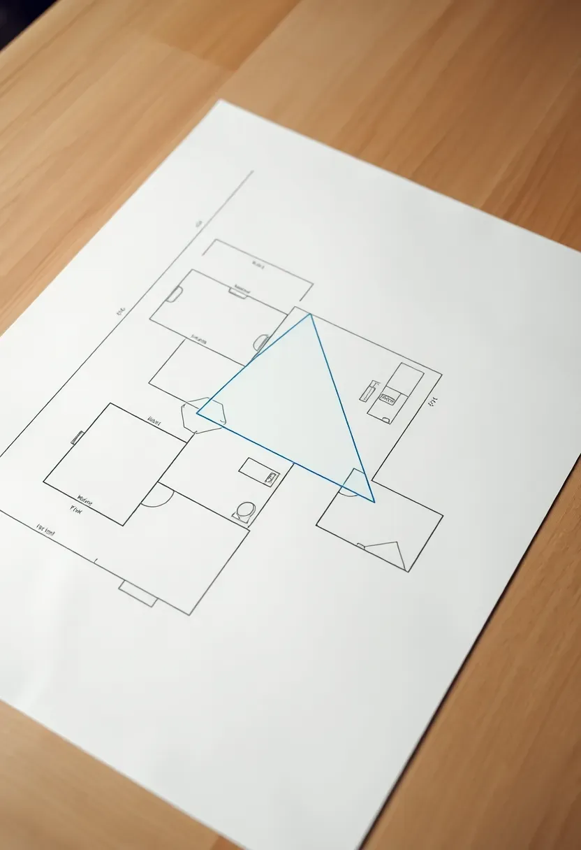 Top-down floor plan view of AI-optimized kitchen layout with work triangle highlighted in clean white and oak kitchen