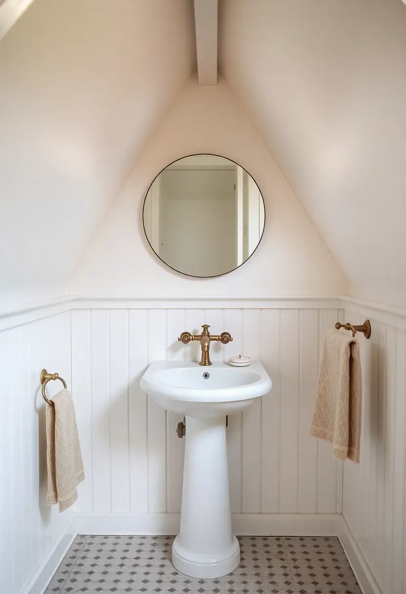Compact attic bathroom with white pedestal sink under sharply sloped ceiling, round mirror reflecting dormer window, and beadboard wainscoting