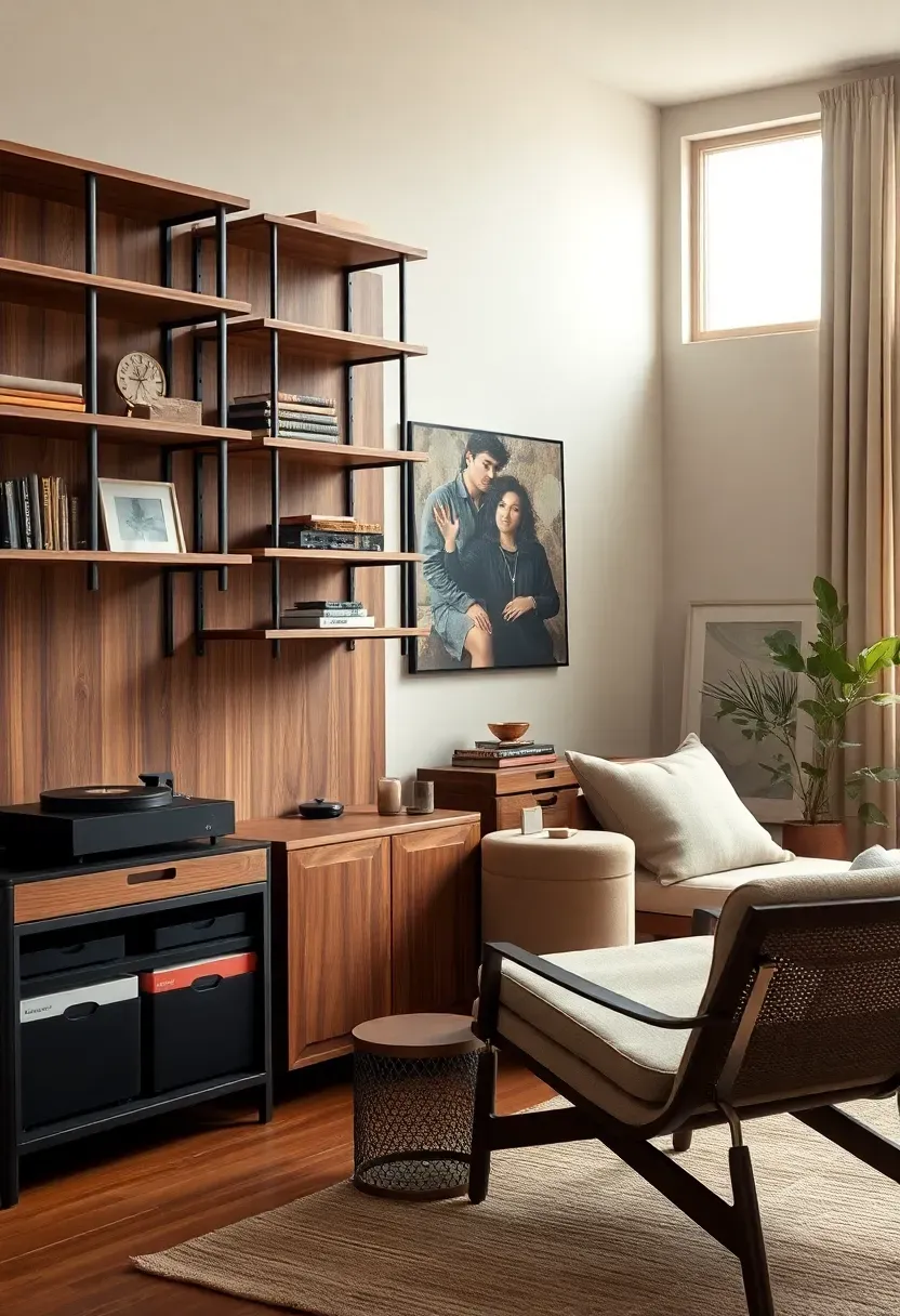 Walnut-veneer shelving wall with a record console
