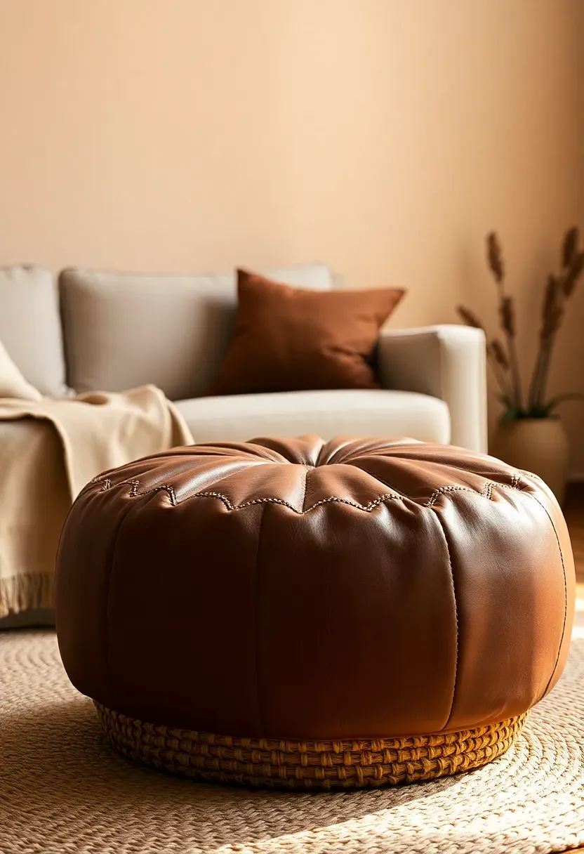 Authentic brown Moroccan leather pouf as boho statement piece next to a minimalist sofa in a rental living room