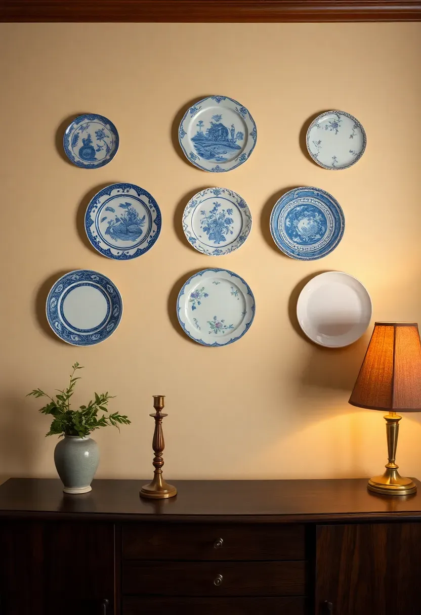 decorative vintage plates arranged on a dining room wall in an asymmetric pattern