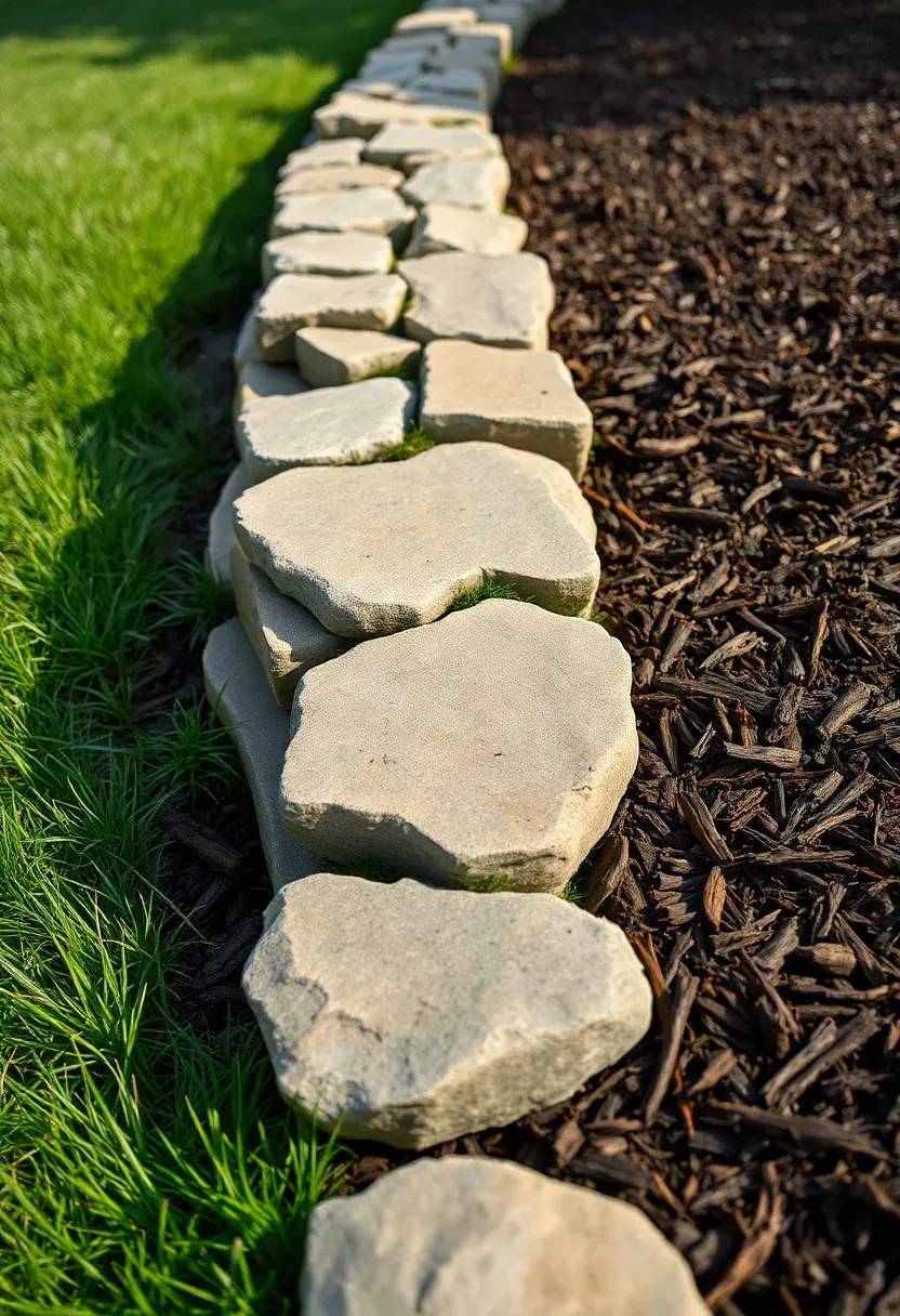 Dry-stacked natural stone border separating a lawn area from a mulched garden bed in a backyard landscape