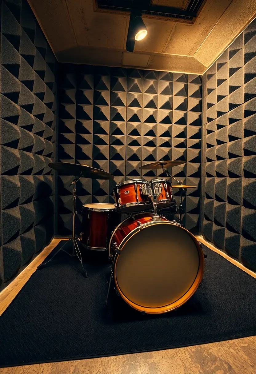soundproofed basement drum practice room with electronic and acoustic drum kits and foam panels on walls