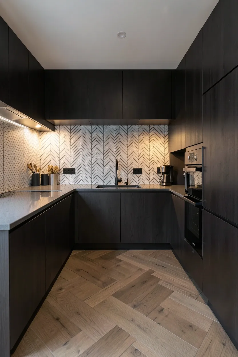 Contemporary Dark Wood Kitchen with Geometric Patterns