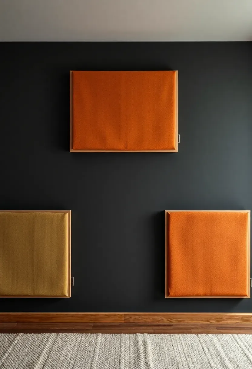 Side wall of a basement tv room decorated with three large fabric-wrapped acoustic panels in earth tones arranged asymmetrically, acting as both sound treatment and wall art