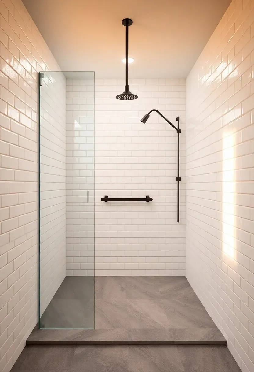 Doorless walk-in shower in a small bathroom with full tile walls, linear drain, and glass splash panel
