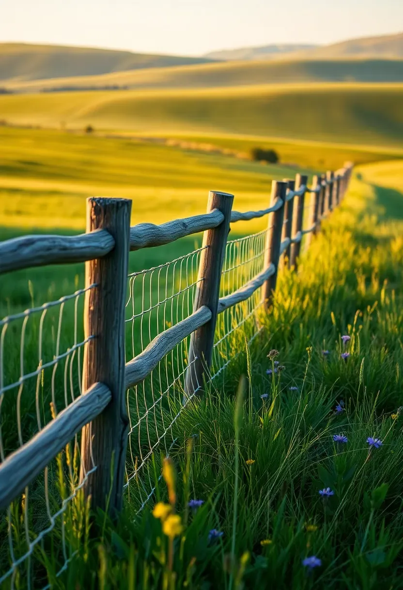Rustic split rail fence with wire mesh backing along a rural property with wildflowers and rolling hills