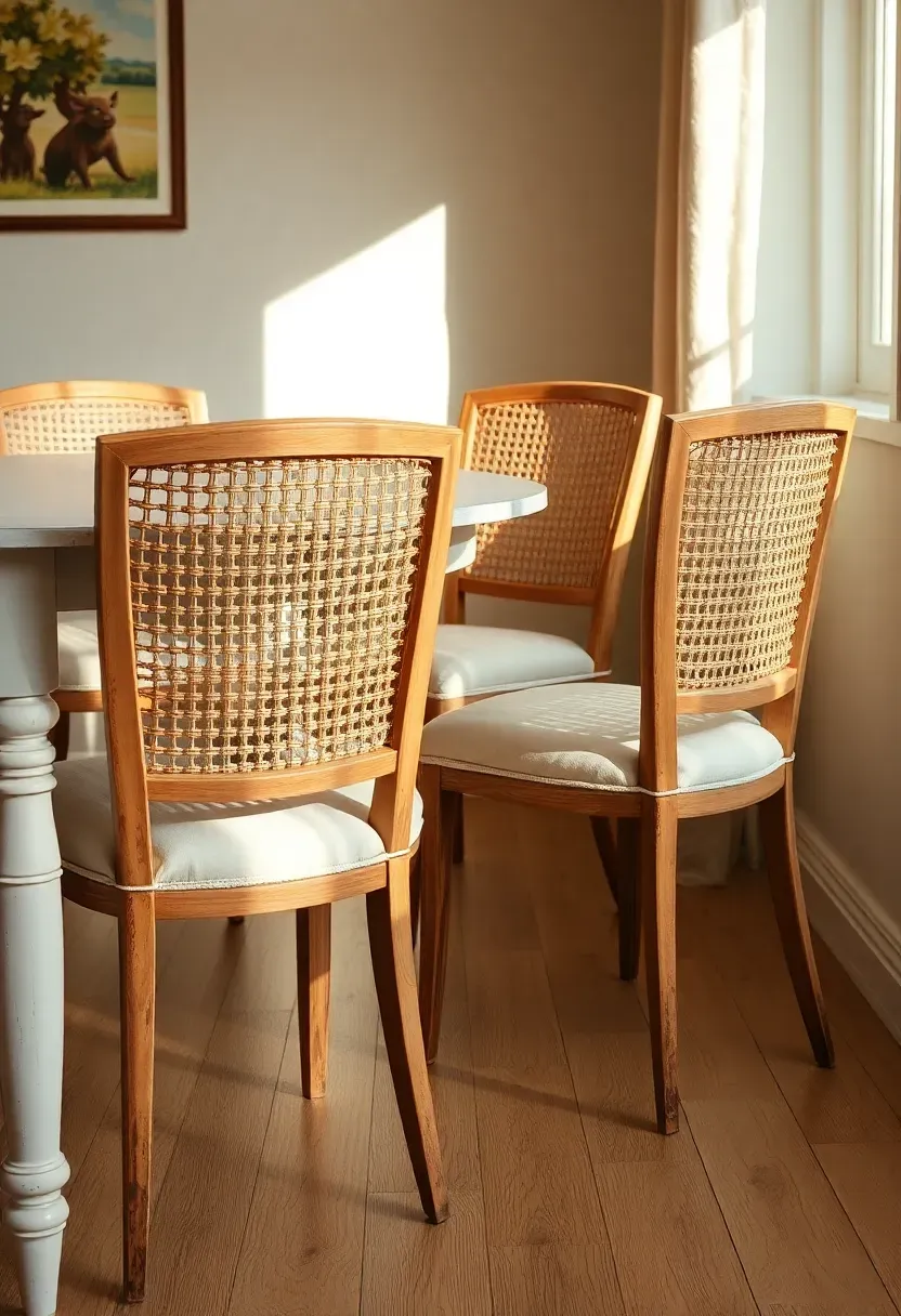 Set of four upholstered cane-back dining chairs with cream linen seats and distressed natural wood frames