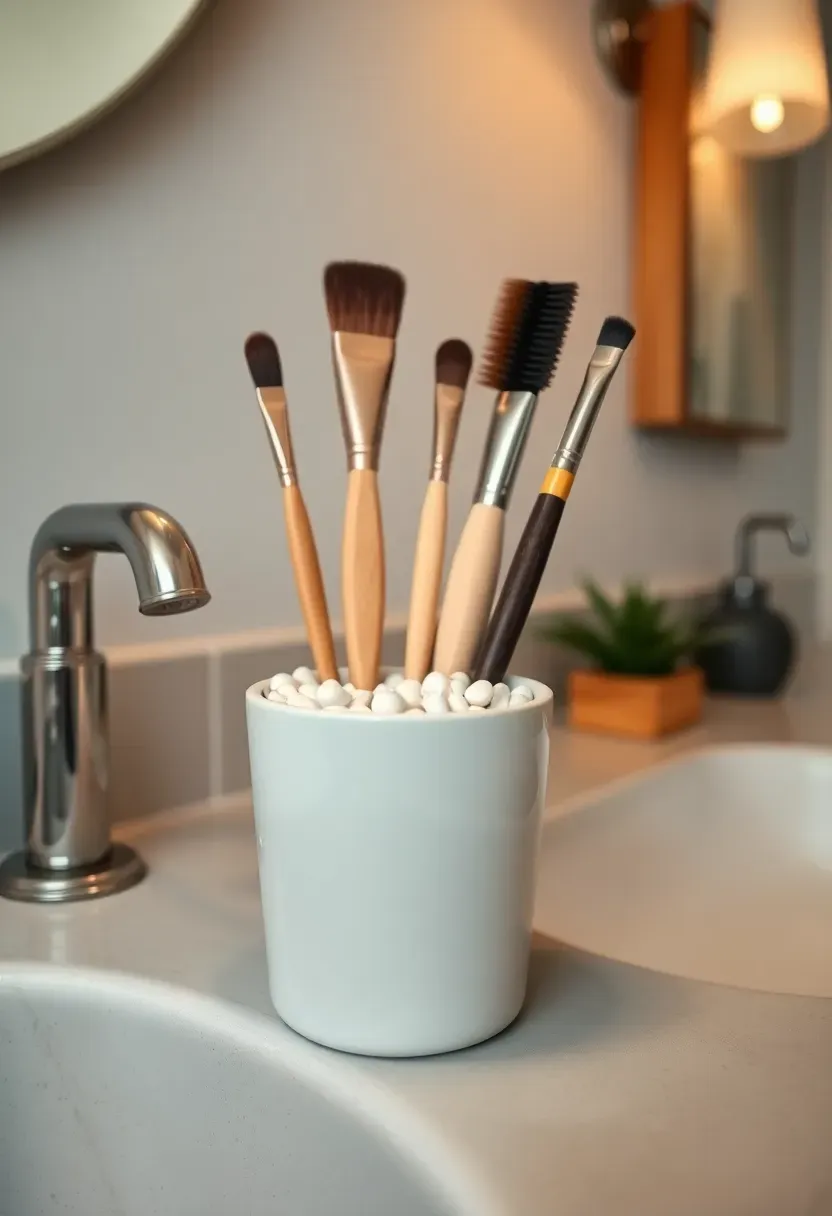 Small ceramic plant pot on a bathroom counter repurposed as a makeup brush holder with brushes standing upright