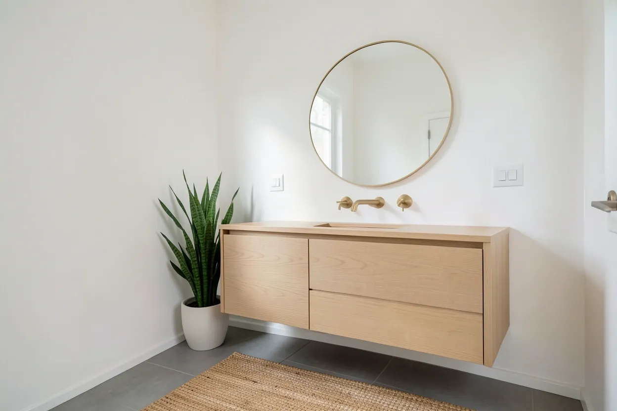 21 simple bathroom ideas on a budget — collage of affordable renter-friendly upgrades including paint, hardware, shelves, and lighting