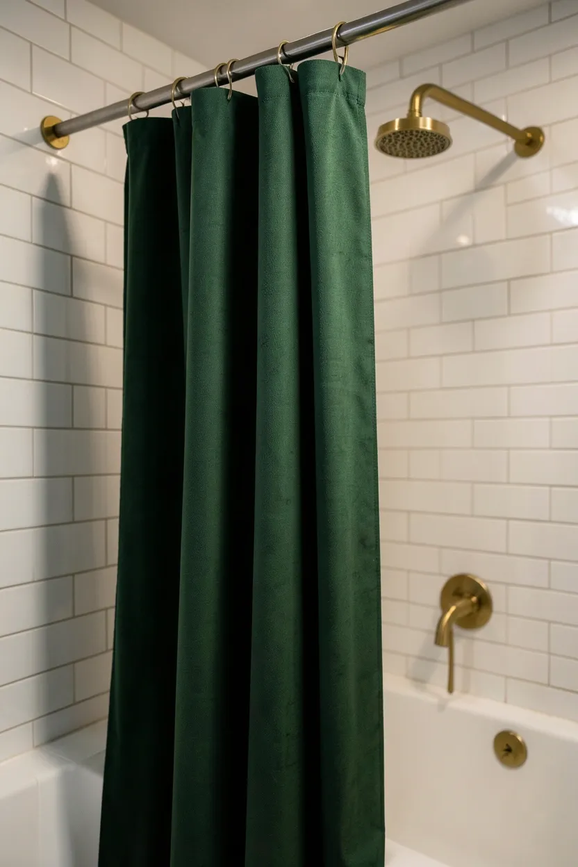 Deep forest green linen shower curtain hanging in a small apartment bathroom with white subway tile walls and chrome curved rod