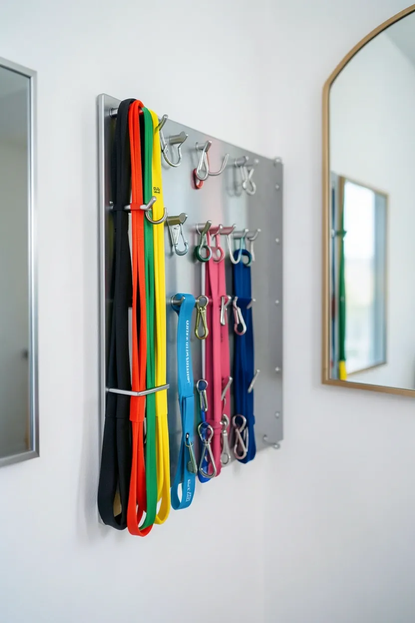 Wall-mounted resistance band organizer with pegs sorted by resistance level — tangle-free gym storage for small home workout spaces