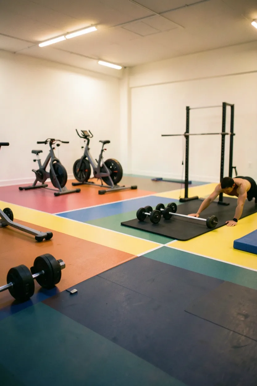 Small gym room divided into multi-zone circuit training layout with cardio, strength, and mat areas defined by colored floor tiles