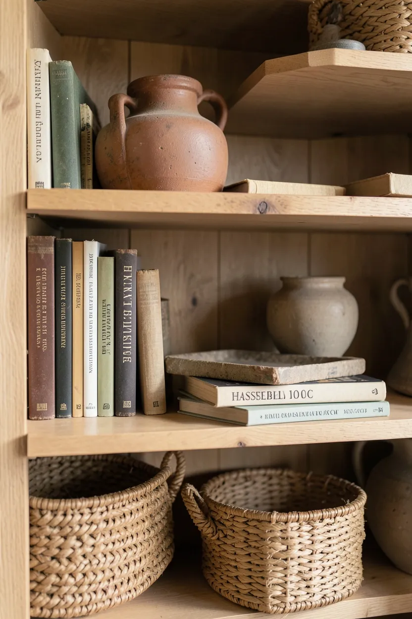 Farmhouse bookshelf styled with vintage crocks, woven baskets, and stacked books in modern farmhouse living room