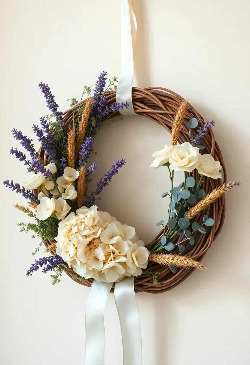 Dried floral wreath with lavender and eucalyptus on a cream-colored interior wall