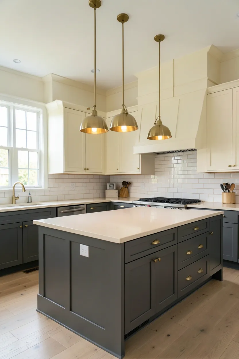 Hyper-realistic wide shot of a modern fall kitchen with two-tone cabinetry. Upper cabinets in cream shaker style reaching to ceiling. Lower cabinets in warm charcoal gray with subtle brown undertones. Large island in same warm gray with waterfall edge. Quartz countertop in warm cream throughout. Brass hardware on all cabinets and drawers. Three brass pendant lights over island. Subway tile backsplash in white with warm grout. Natural light from windows. Clean surfaces. No text, no logos, no watermarks.</p>