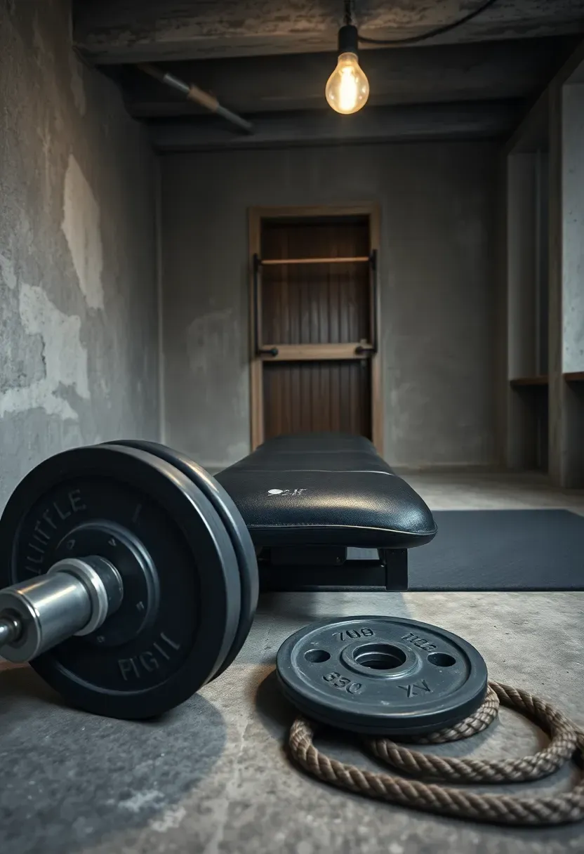 Minimalist basement gym setup with a used barbell, secondhand plates, pull-up bar, and jump rope on a basic rubber mat