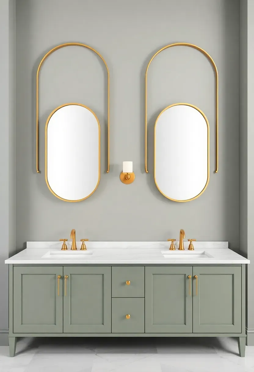 Two pill-shaped capsule mirrors with thin brushed gold frames mounted side by side over a double vanity with sage green cabinetry