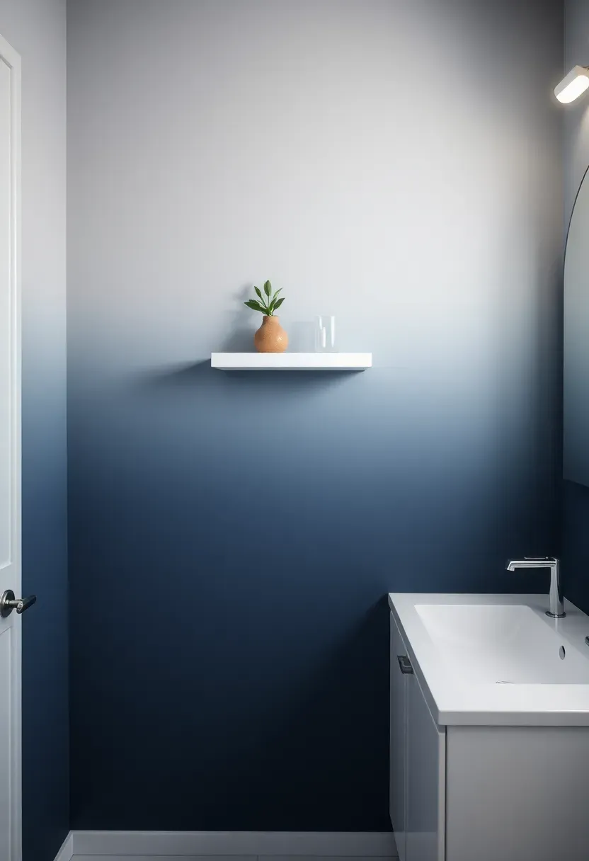 Ombre painted bathroom accent wall fading from deep navy blue at the bottom to soft white at the top behind a floating shelf