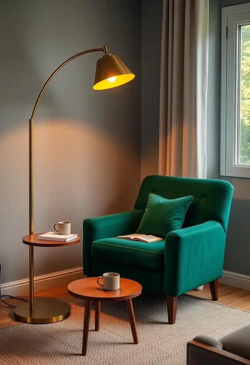 Dark, intimate home library with recessed picture lights on adjustable arms mounted above each bookshelf section, a single green-shade desk lamp on a leather-topped writing table, and a low ambient glow from a floor lamp in the corner
