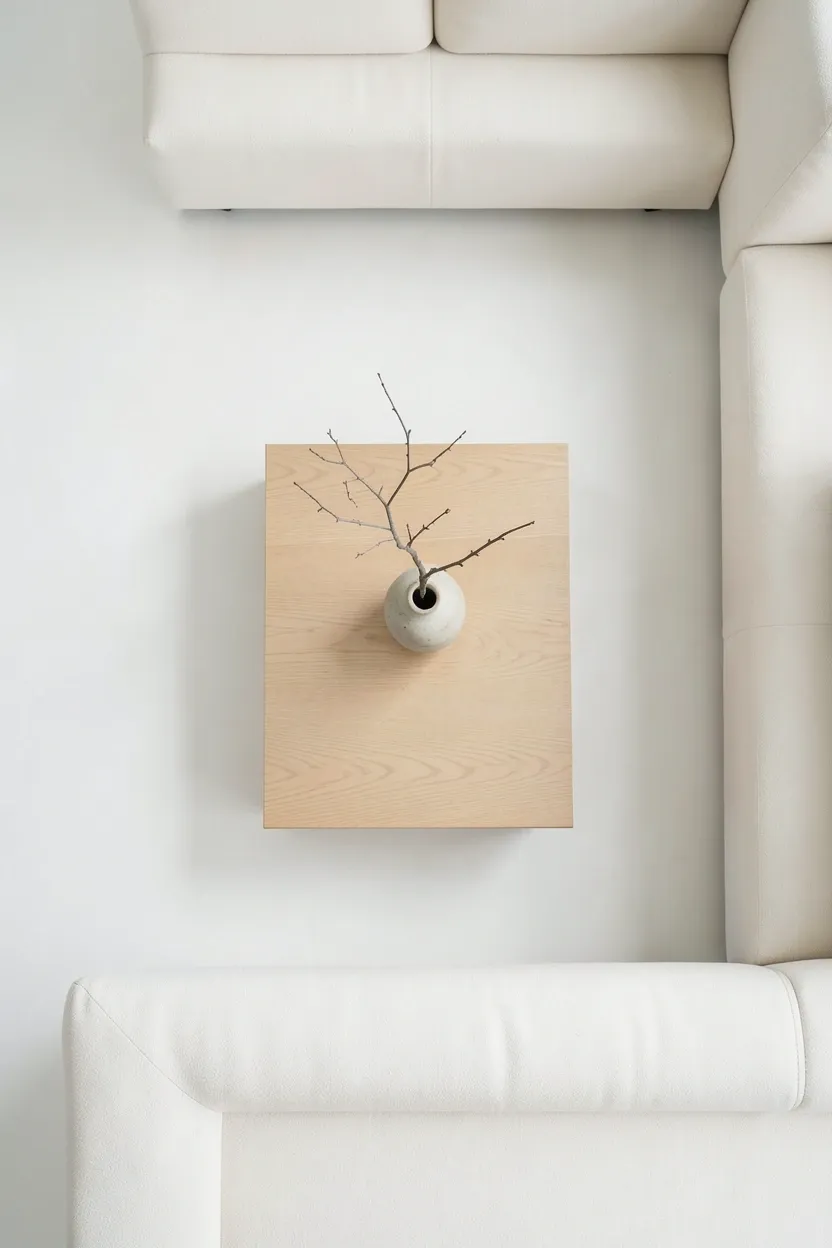 Uncluttered Japandi living room coffee table with only a single ceramic vase and one book leaving generous negative space