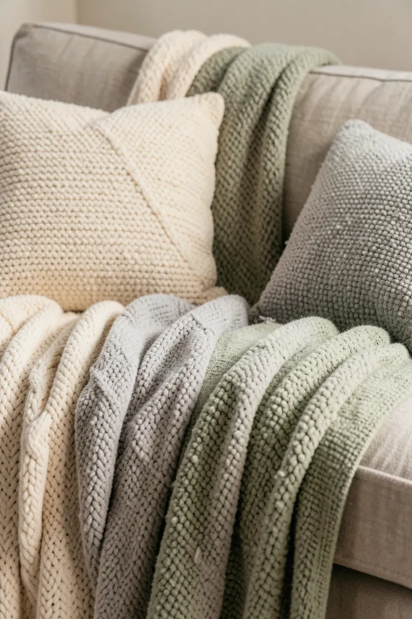 Cream wool cable-knit throw and sage green linen cushions layered on a vintage mid-century sofa in a cozy rental living room
