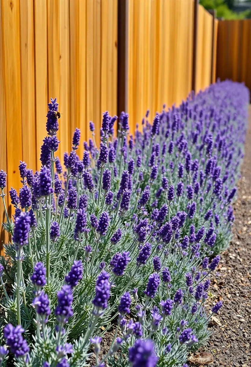 Rows of lavender planted in a long border strip along a wooden fence with silver-purple spikes and aromatic foliage in a sunny garden