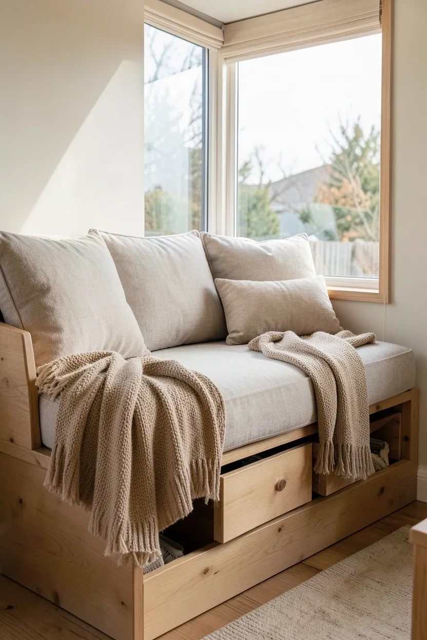 Built-in window seat with under-seat storage drawers and linen cushions in a cozy Scandinavian rental apartment