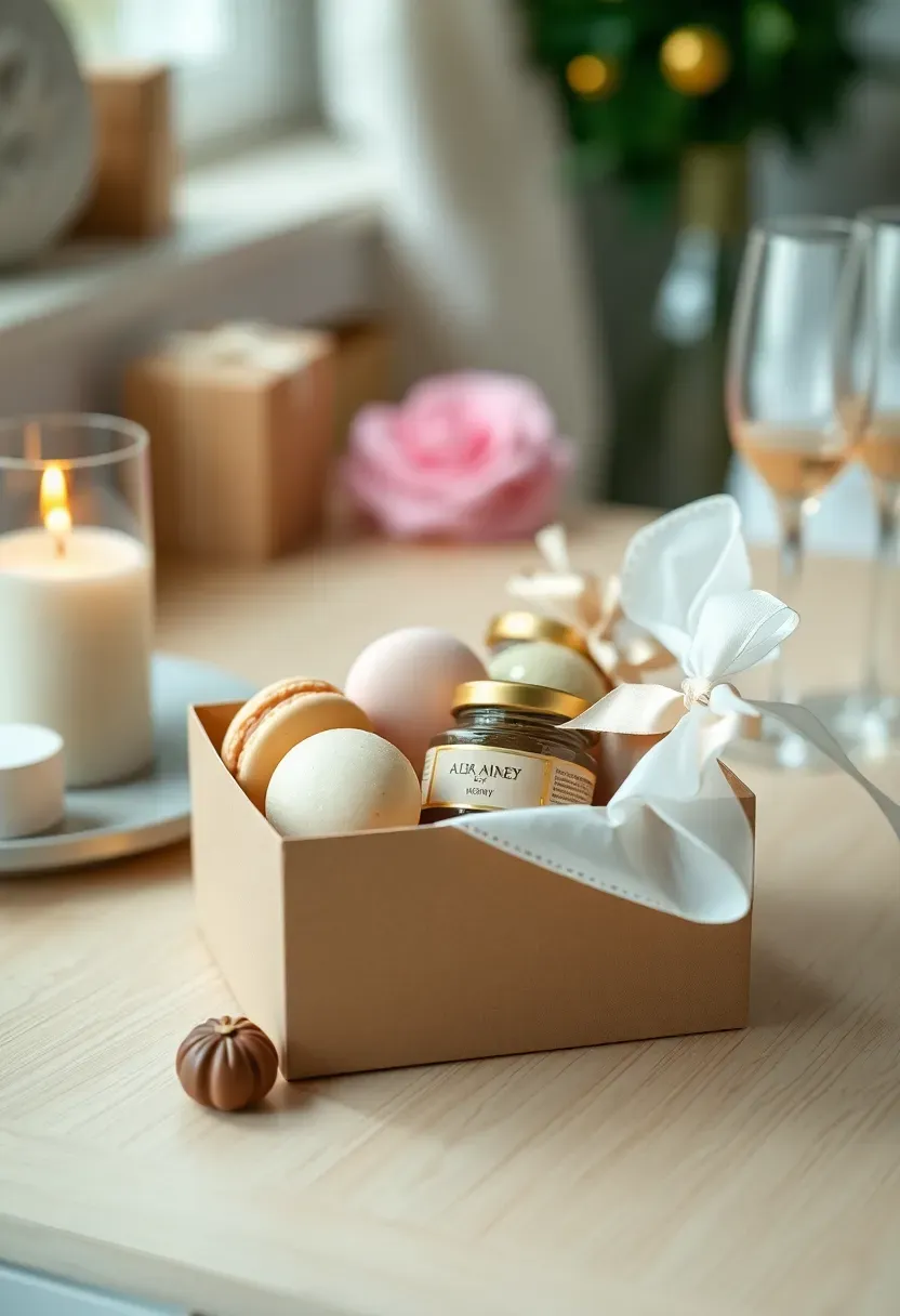 gourmet treat gift box with pastel macarons honey jar and chocolate truffles