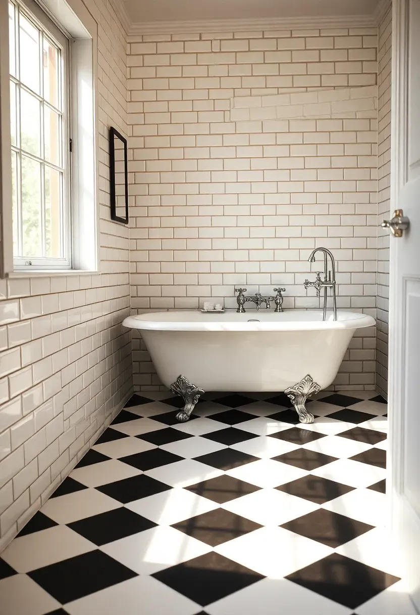 Classic black and white checkerboard tile floor in a vintage-style bathroom with clawfoot tub and chrome fixtures