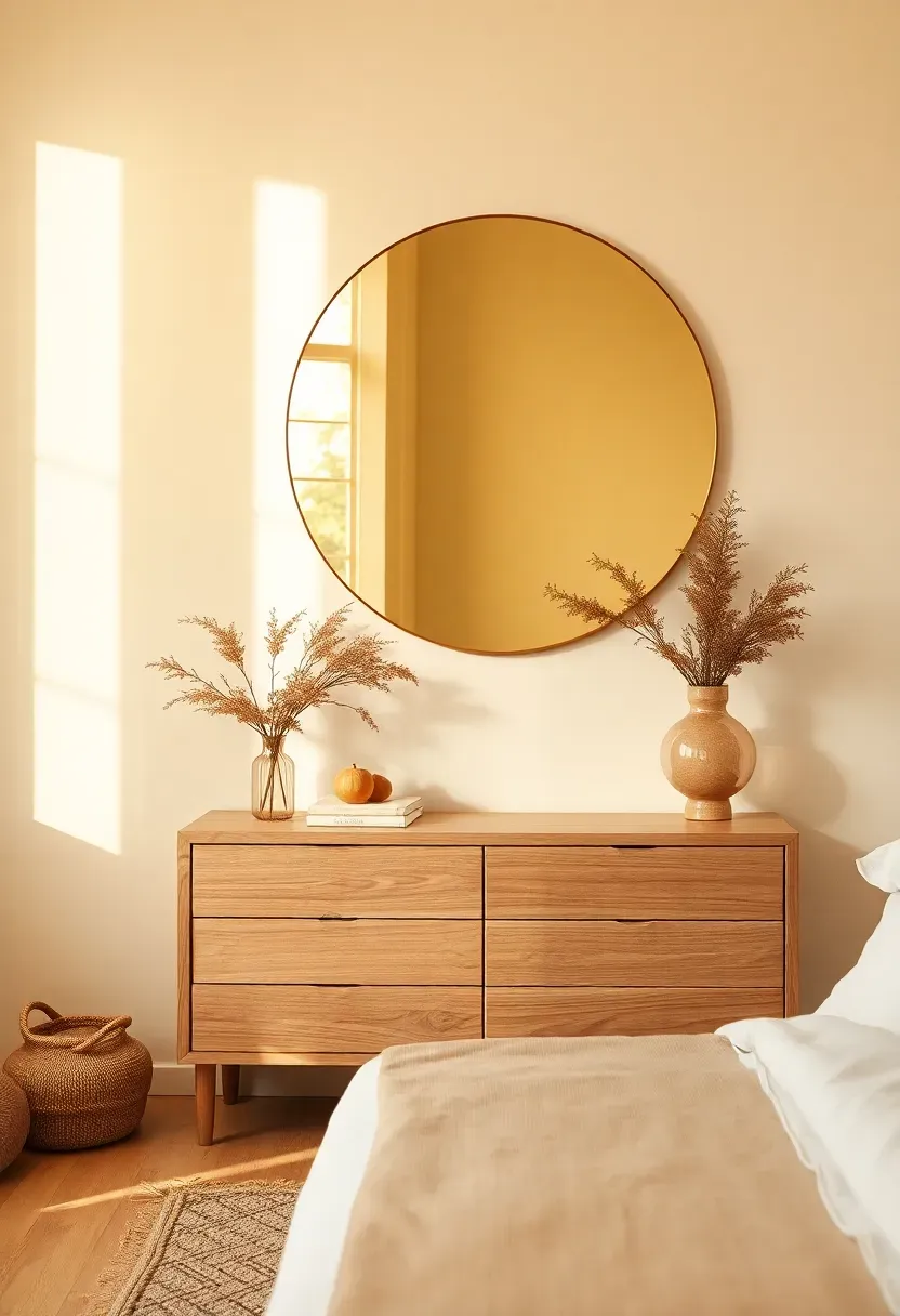 Round brass mirror reflecting golden light