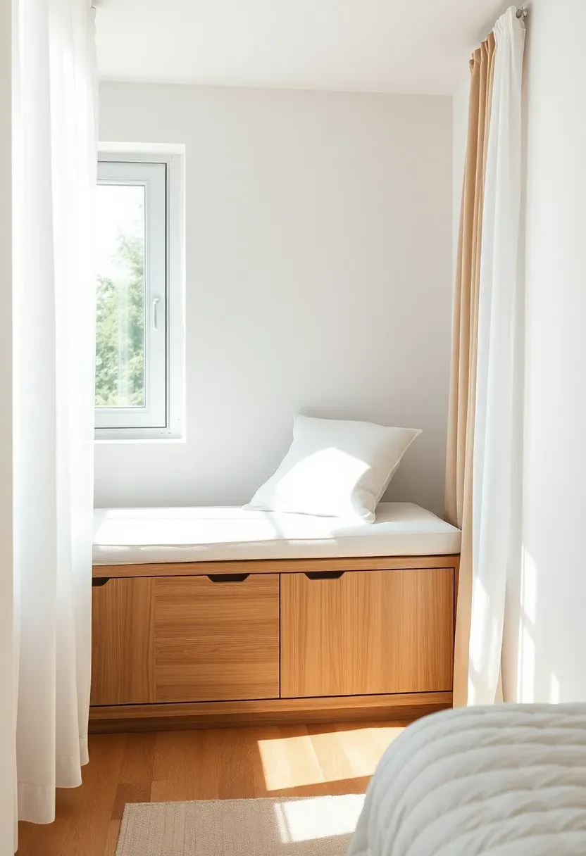 Window Seat with Storage Base and Sheer Curtains