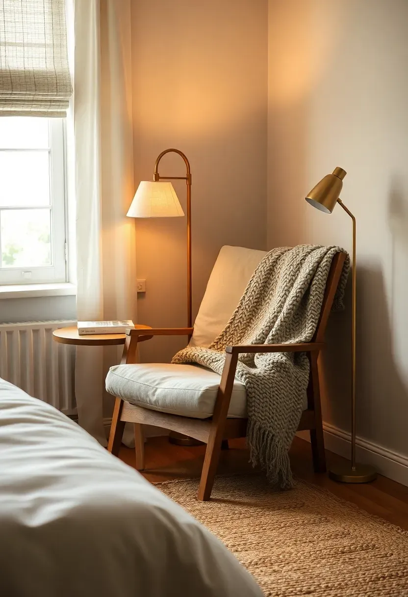 Hyper-realistic 3/4 view of reading nook with linen armchair, knit throw, and floor lamp in bedroom corner. Materials: linen armchair fabric, wood frame, chunky knit throw, brass lamp, jute rug. Soft warm lamp light, cozy reading corner mood, neutral palette. Sharp focus on fabric textures, visible bed and window. No text, no logos, no watermarks.</p>