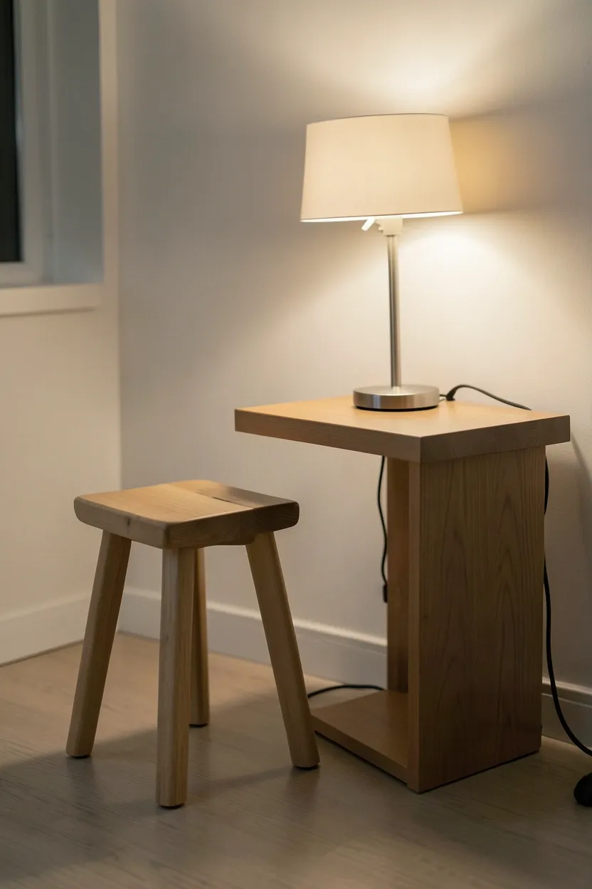 Cushioned wooden stool beside a small round side table with a table lamp and open book in a minimal bedroom — budget-friendly reading nook with just two pieces