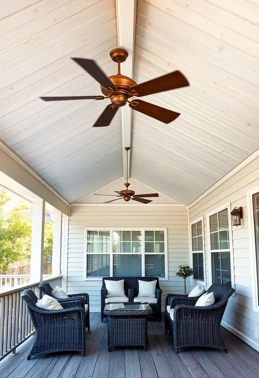 Extended roofline from a house covering a raised wooden deck with outdoor seating and ceiling fan overhead