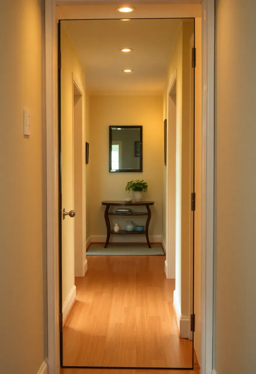 A full-length mirrored door panel reflecting a bright hallway at the top of a basement staircase