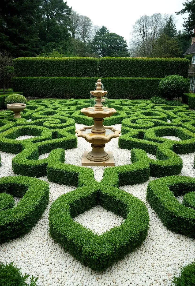 Formal backyard garden with symmetrical low boxwood hedges forming an intricate parterre pattern around a central stone fountain