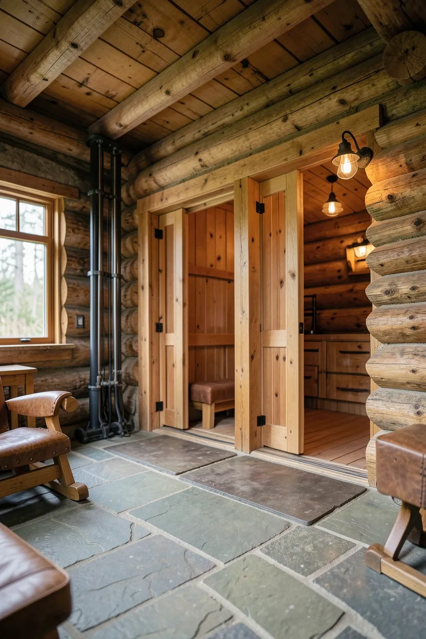 Rustic mountain cabin home gym with hand-hewn cedar log sauna, natural stone floors in warm earth tones, and leather-finish workout equipment