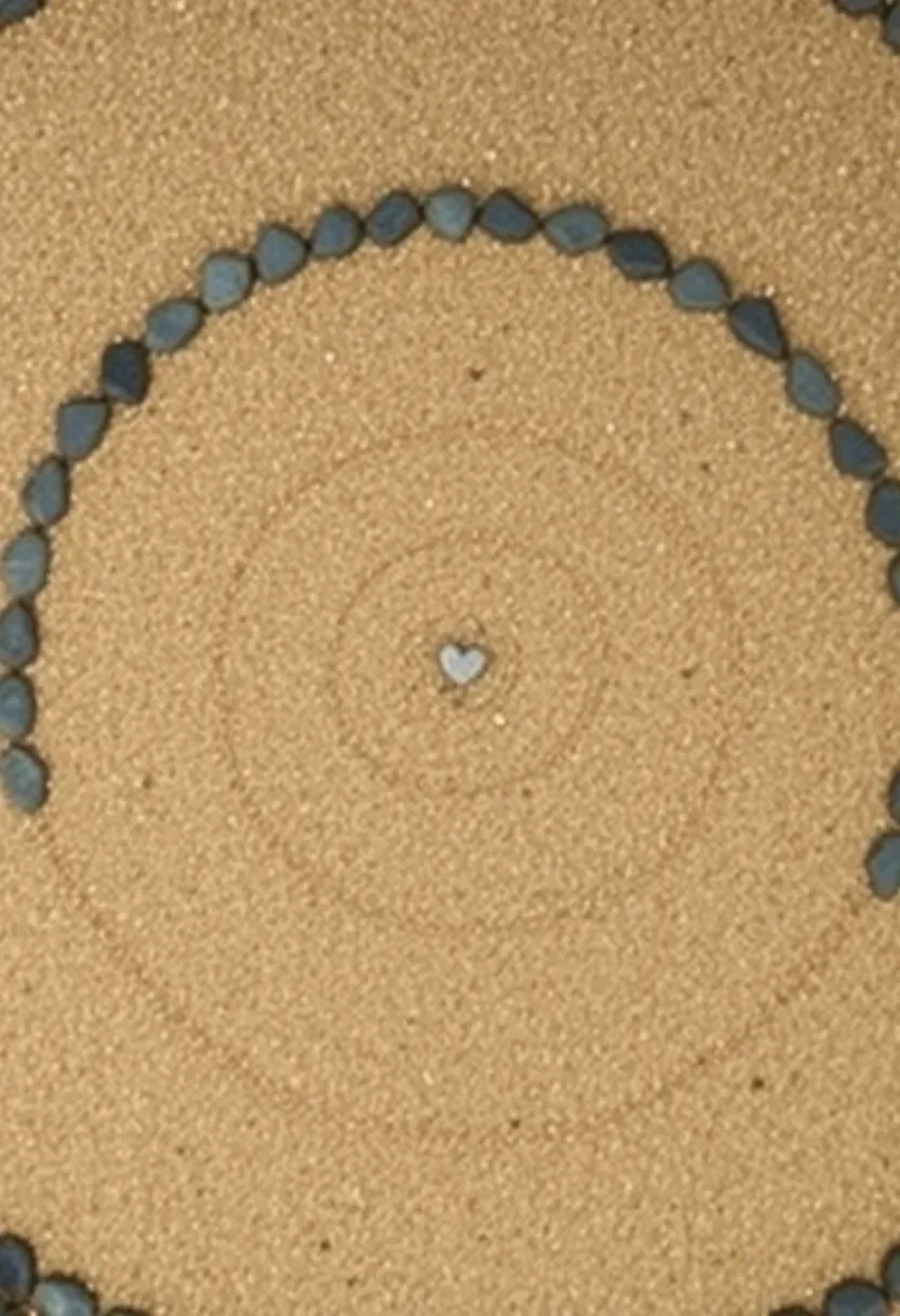 Aerial view of a circular gravel labyrinth meditation garden with a single winding path raked into fine tan gravel, bordered by smooth dark river stones at the perimeter