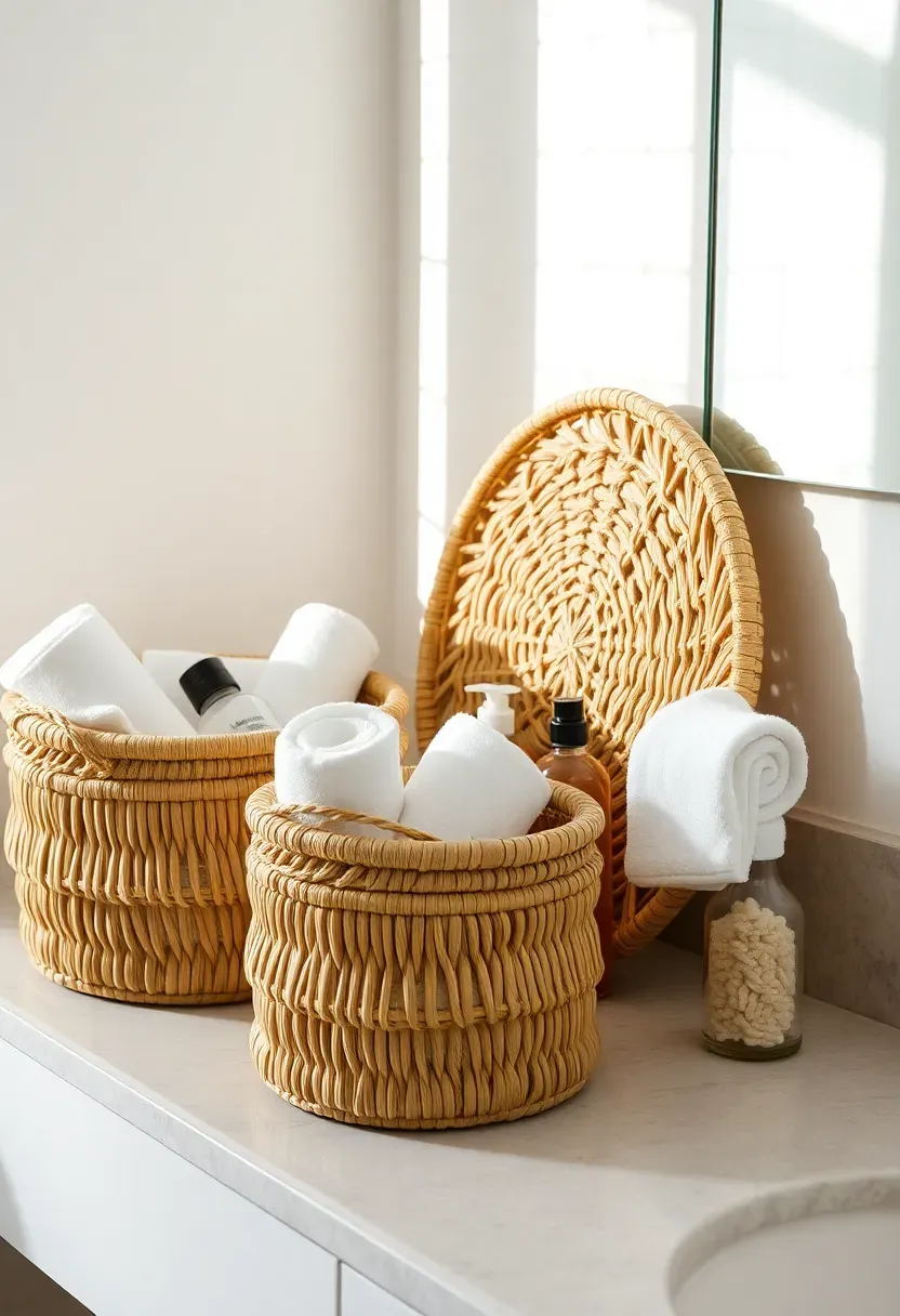 Three woven seagrass baskets of different sizes grouped on a bathroom vanity counter containing towels and products
