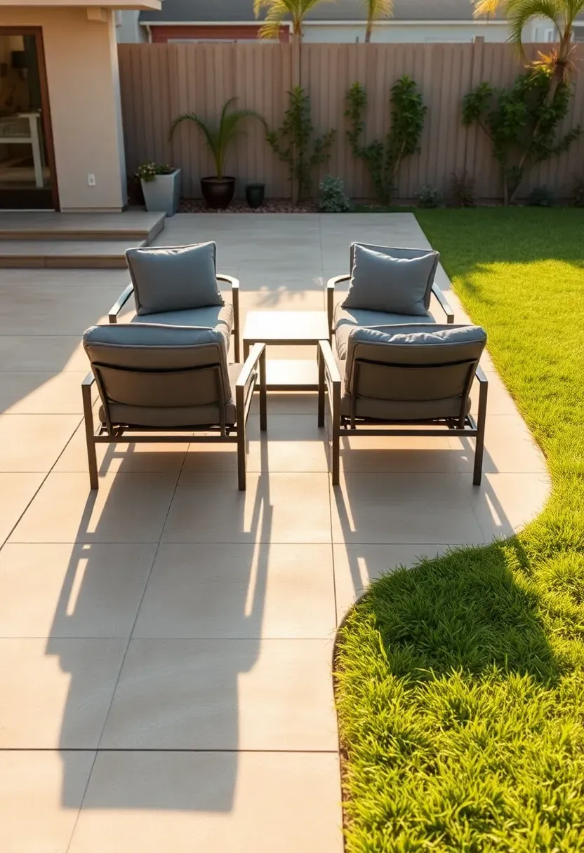 Smooth poured concrete patio with expansion joints and outdoor furniture in a remodeled backyard