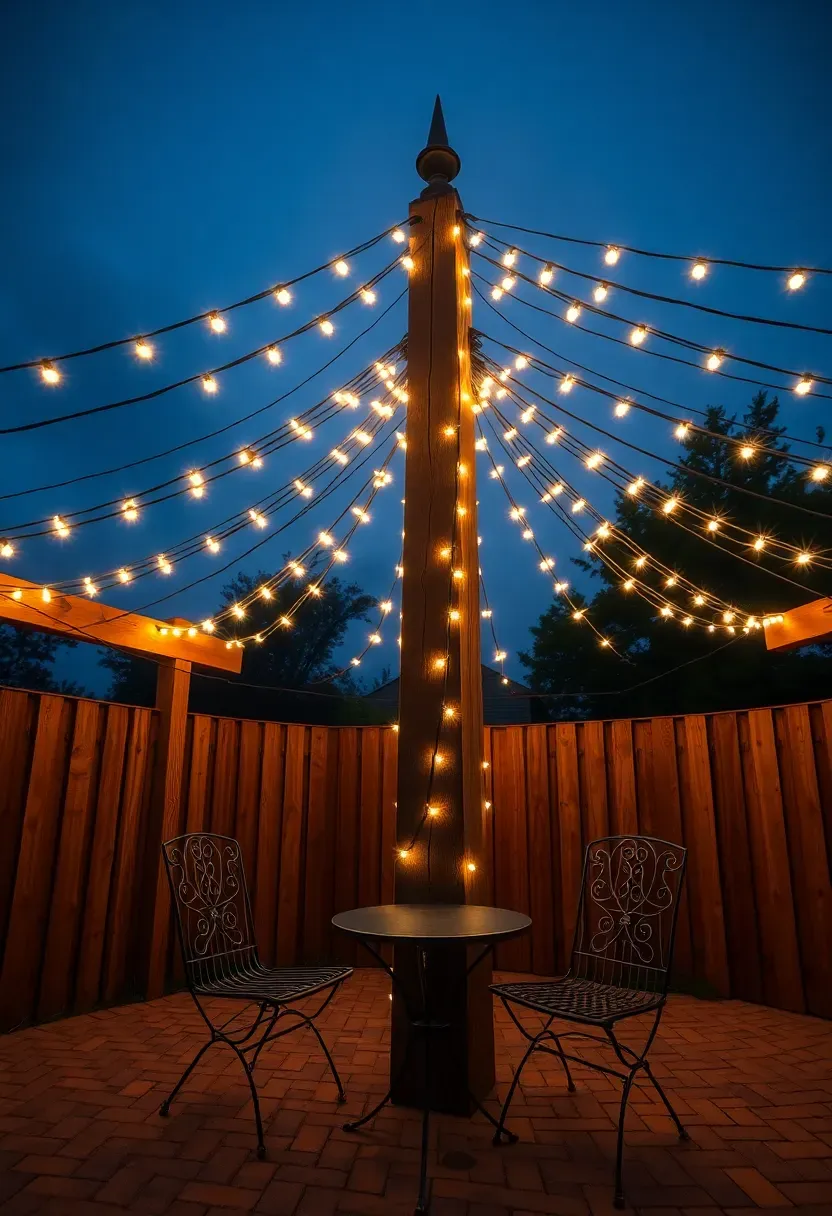 A tall center post with string lights radiating outward to surrounding fence posts in a starburst pattern over a round patio at dusk