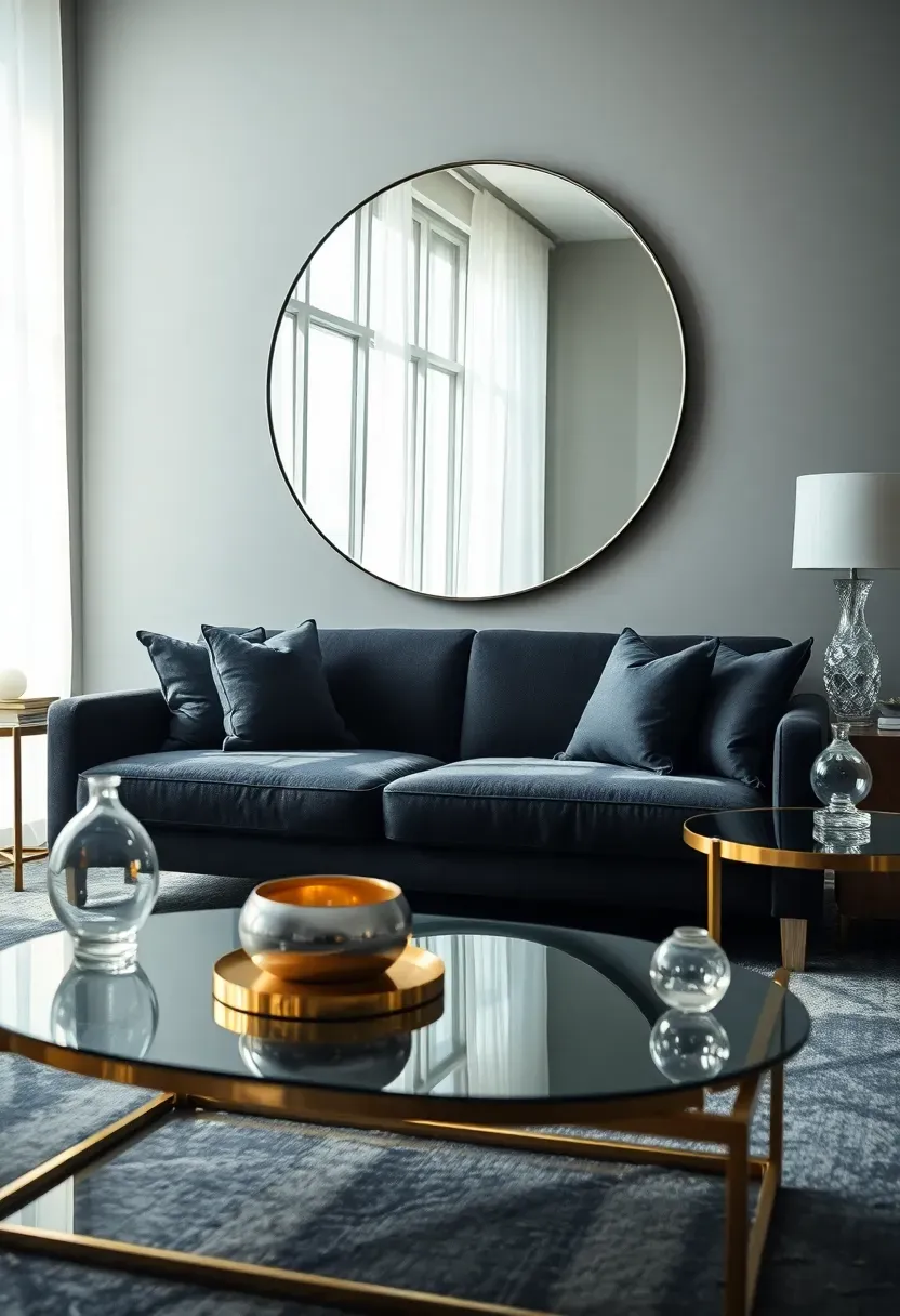 Hyper-realistic 3/4 view of living room with dark grey couch, large round mirror above couch reflecting window, glass and brass coffee table, mirrored side table, crystal lamp, glass vases. Materials: charcoal fabric, beveled mirror glass, tempered glass, polished brass, crystal. Bright natural light with reflections bouncing off surfaces, mirror showing window reflection. Reflective surfaces mood like light-filled modern space. Shallow depth of field, visible mirror bevel edge and glass reflections. No text, no logos, no watermarks.</p>