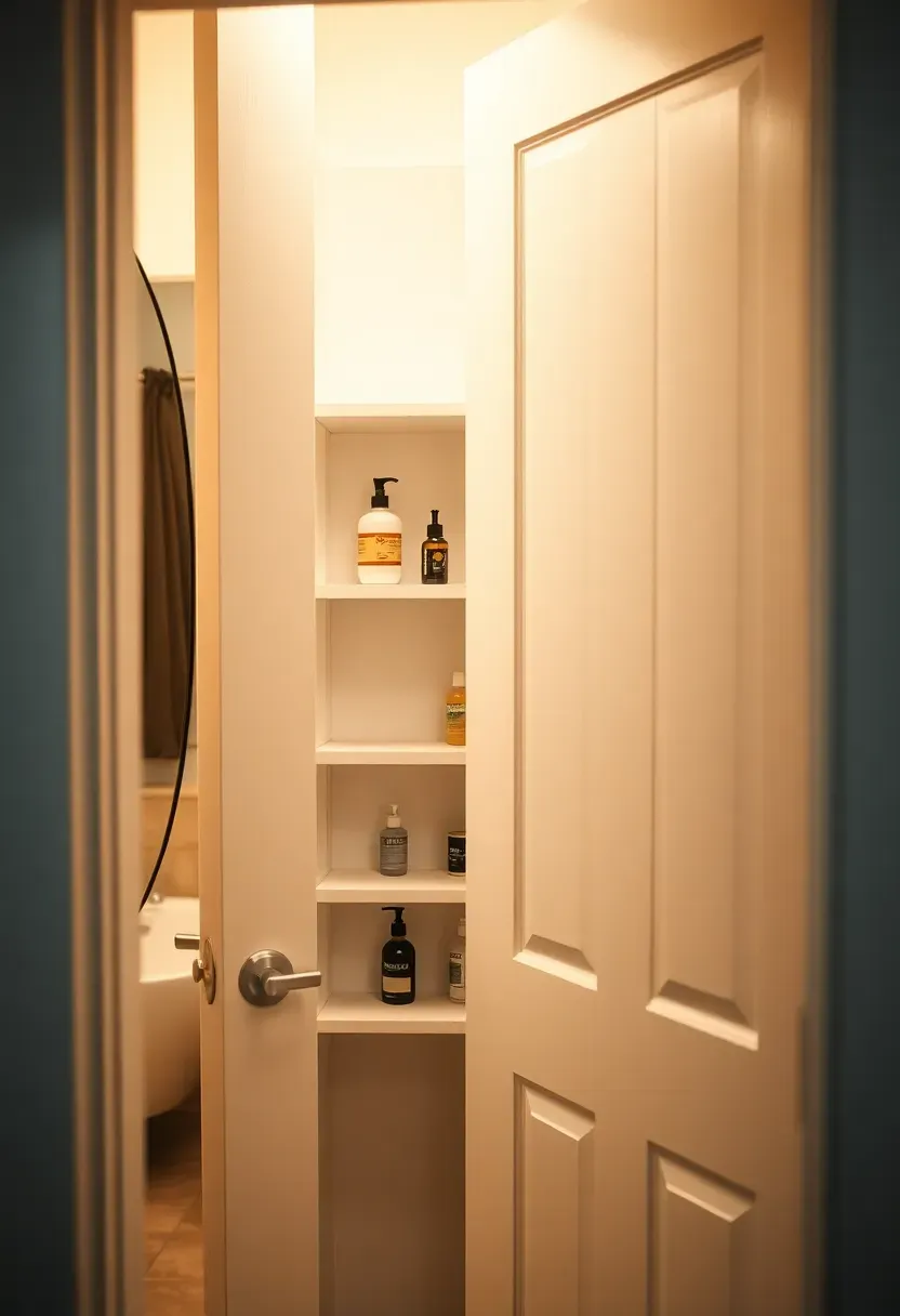 Bathroom closet door with a full-length mirror on the front and shallow hidden shelves revealed on the inside