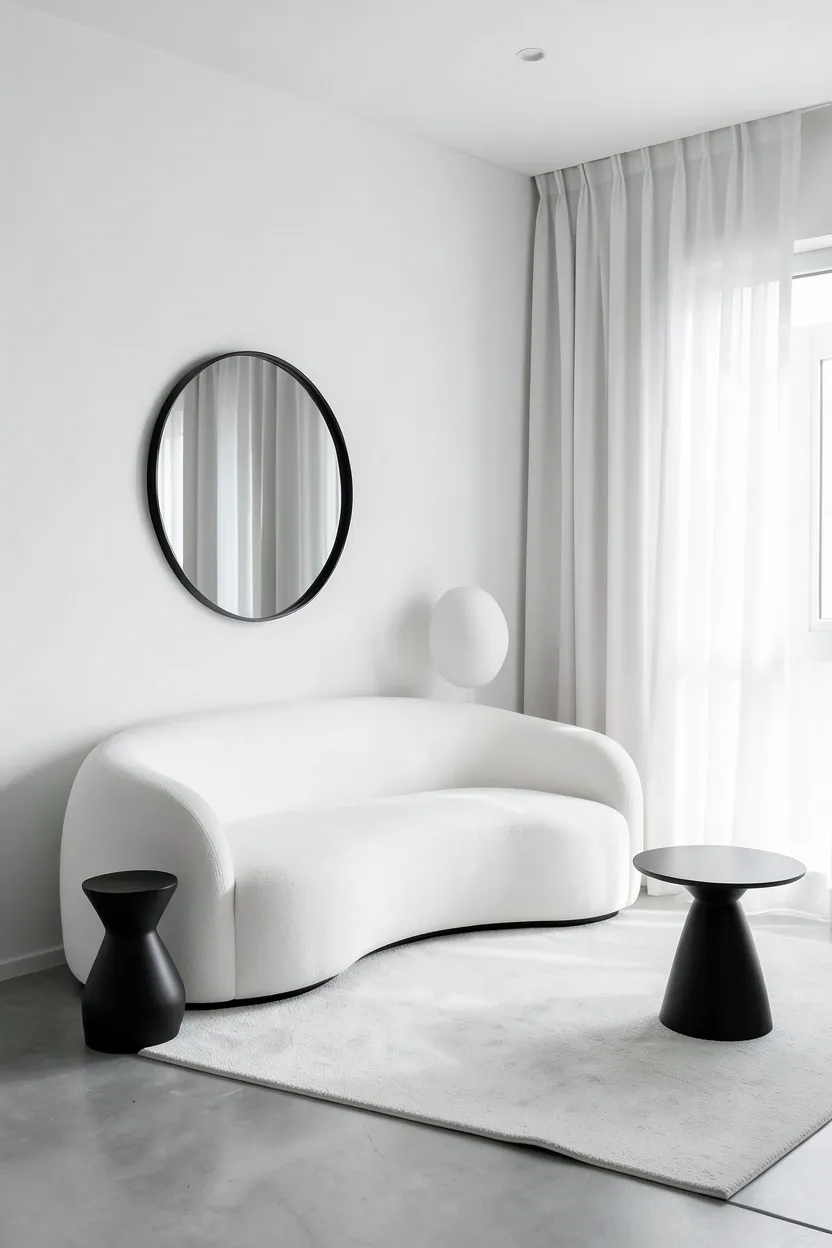Curved black and white sofa with a round coffee table and circular mirror creating soft organic shapes in a minimalist monochrome living room